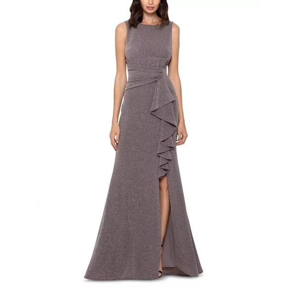 Betsy & Adam Women's Cascade-Front Glitter Gown Sleeveless Taupe/Silver 16 NWT